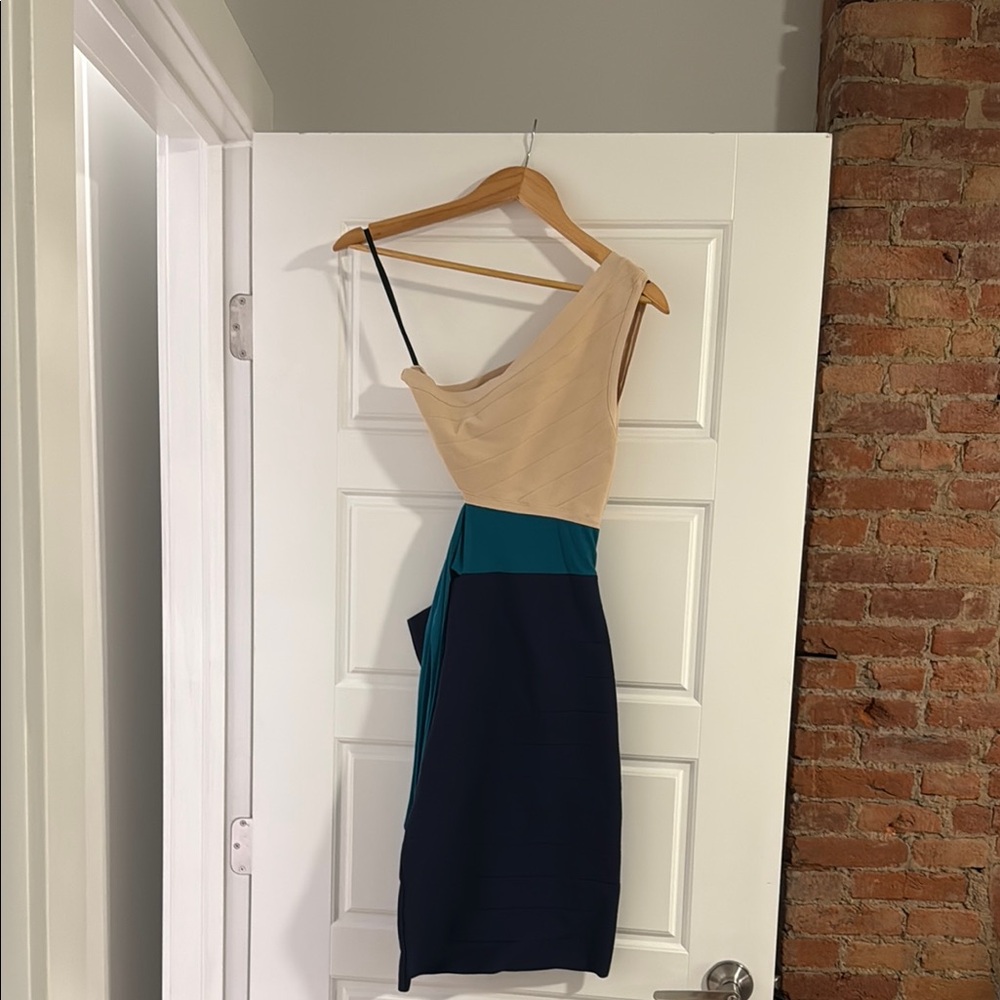 bebe Cream and Green Bodycon Mini Dress with One Shoulder for Cocktail